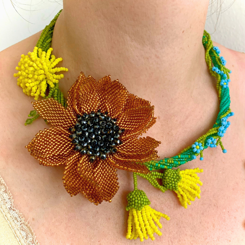 Handmade beaded floral necklace with golden sunflower, dandelions and forget-me-nots - Artisan jewelry by GemsPlusLeather