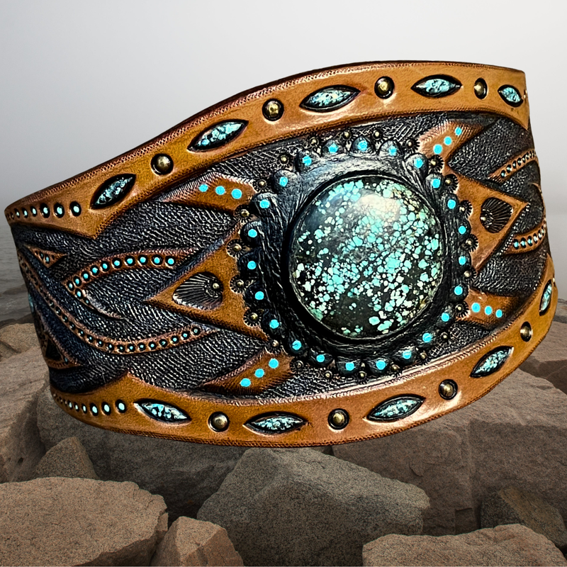 Tooled leather tribal cuff bracelet with natural turquoise cabochon - Exclusive handmade boho jewelry by GemsPlusLeather