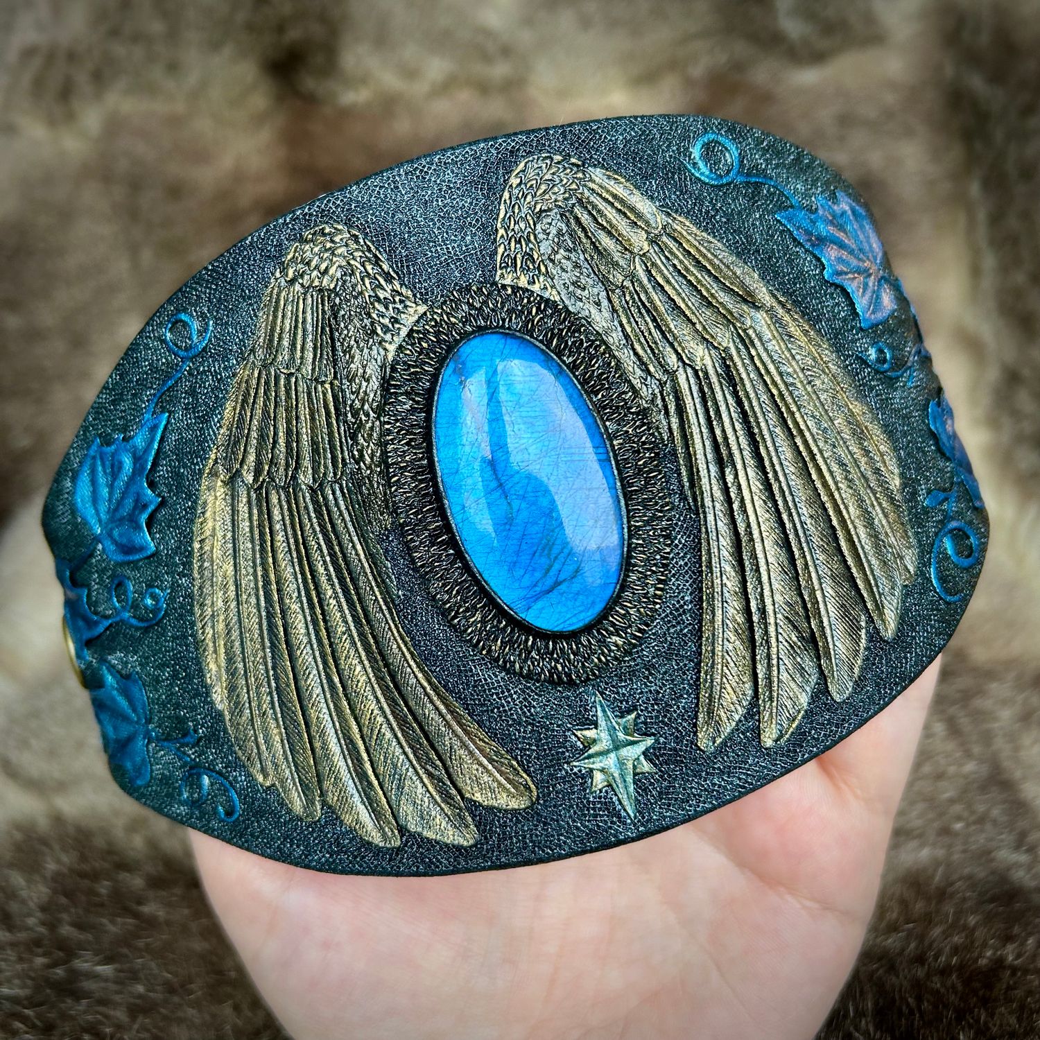 Exclusive tooled leather fantasy cuff bracelet with blue labradorite and golden wings - Stylish unisex jewelry by Gemsplusleather