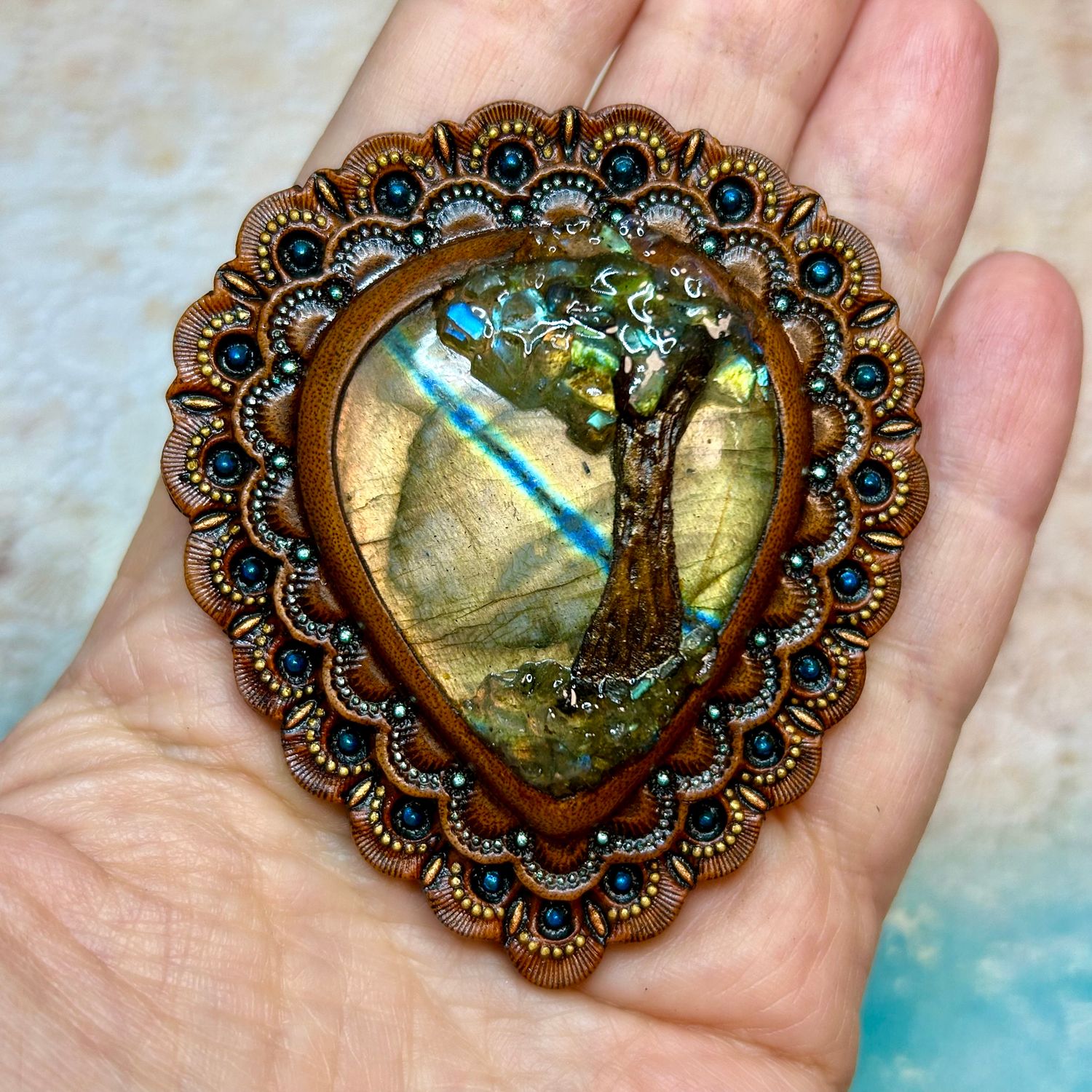 Tooled Leather Concho with Labradorite and Gemstone Tree