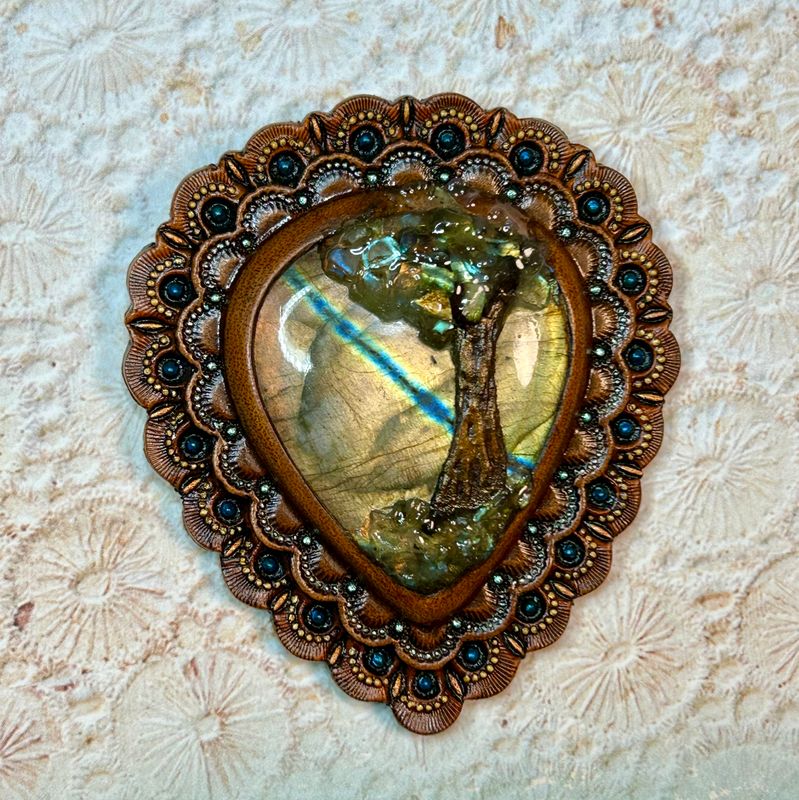 Tooled leather concho with labradorite and gemstone tree - Exclusive gemstone accessory - Bolo tie concho - Luxury accessory by GemsPlusLeather