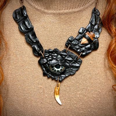 Crocodile leather necklace with septarian and obsidian arrow
