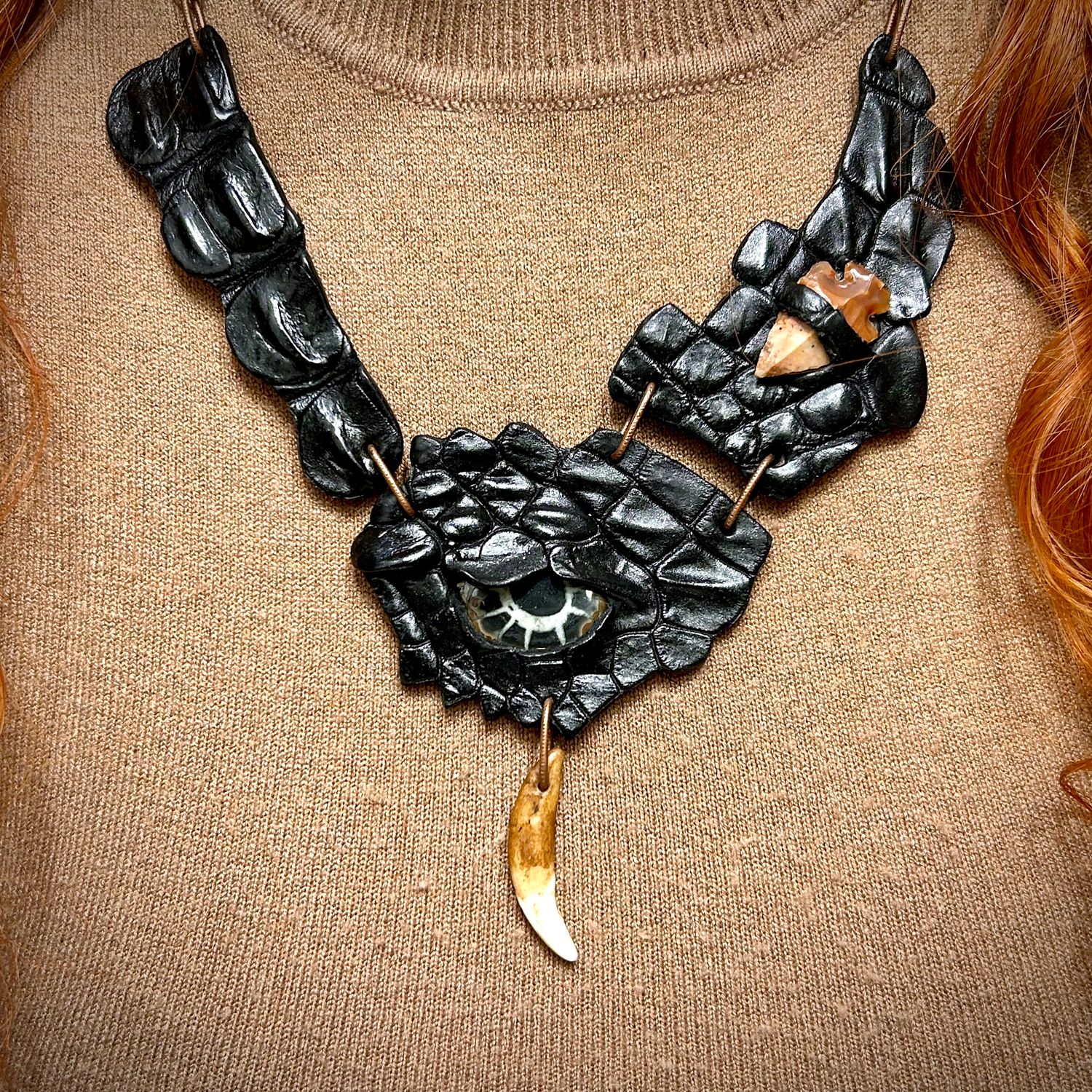 Hand-Painted Leather Dragon Eye Necklace with Septarian and Obsidian Arrow - Fantasy jewelry by GemsPlusLeather - LOTR and GOT inspired