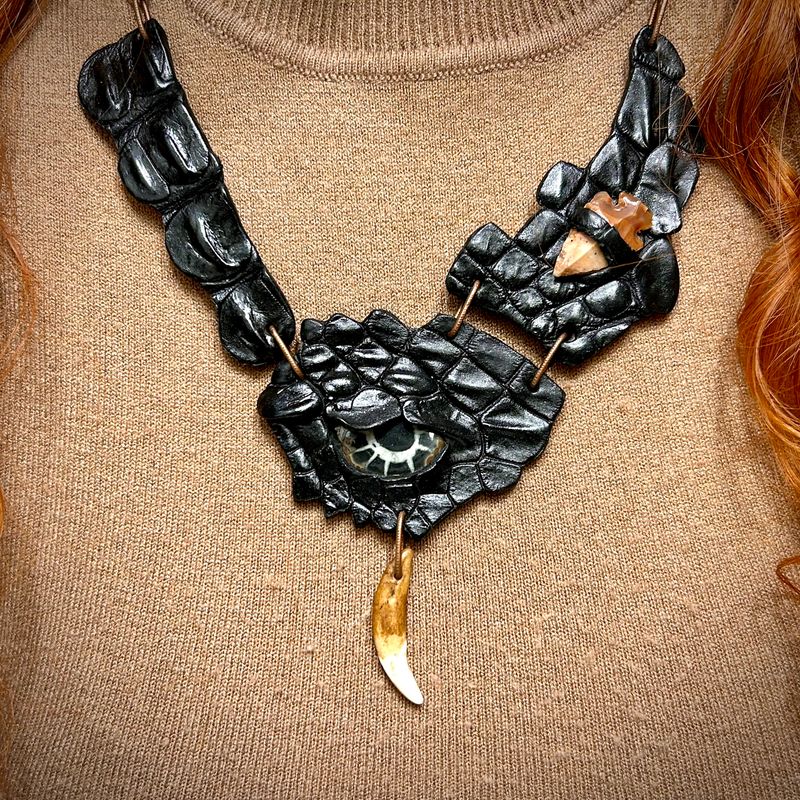 Hand-Painted Leather Dragon Eye Necklace with Septarian and Obsidian Arrow - Fantasy jewelry by GemsPlusLeather - LOTR and GOT inspired