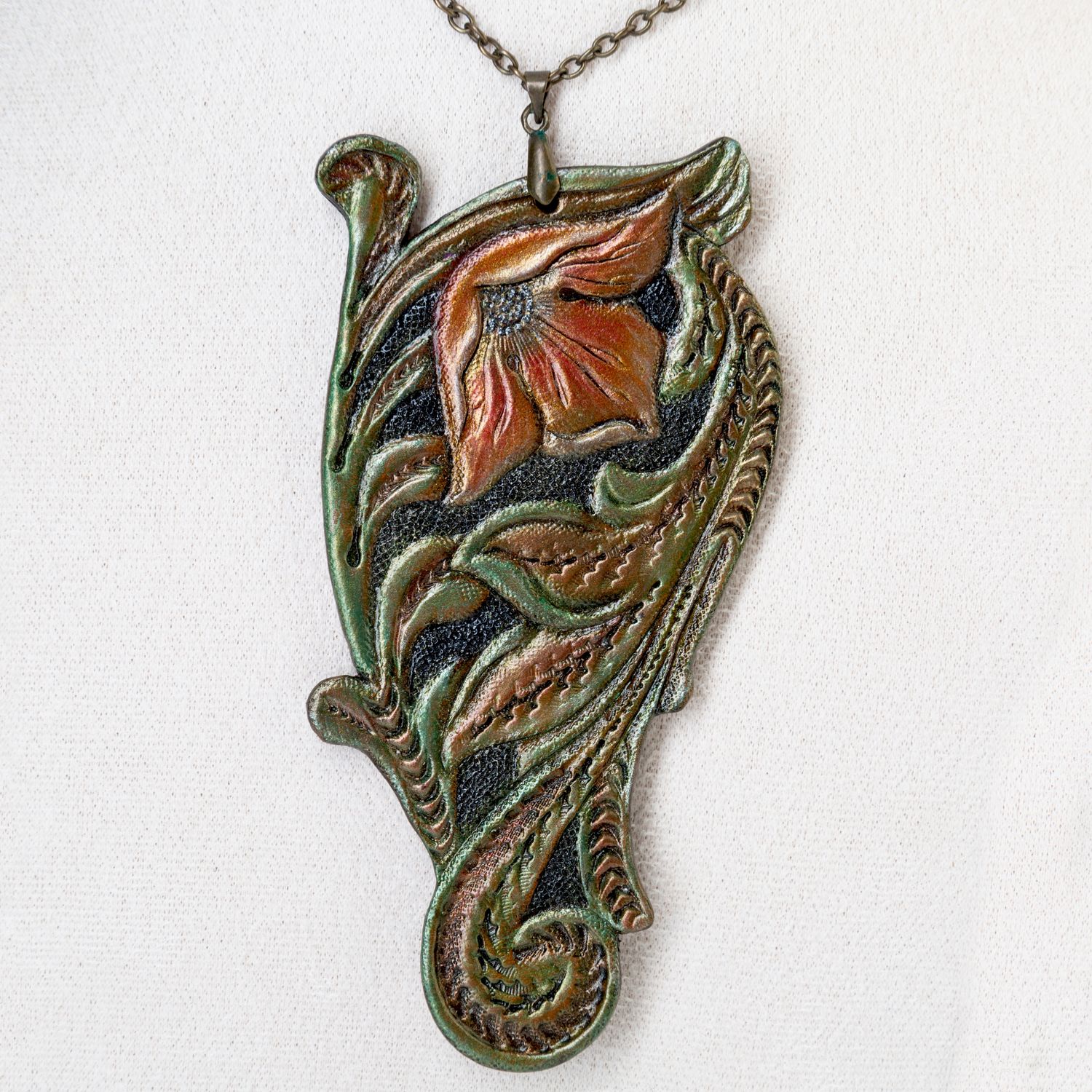 Tooled leather pendant in Western style - Hand tooled and hand painted floral pendant with bronze chain by GemsPlusLeather