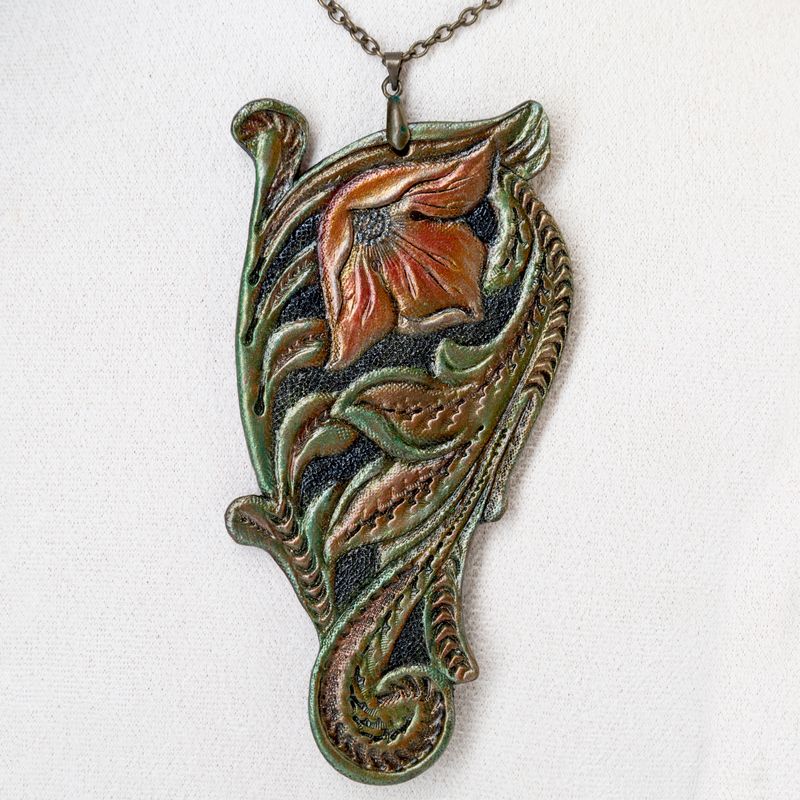 Tooled leather pendant in Western style - Hand tooled and hand painted floral pendant with bronze chain by GemsPlusLeather