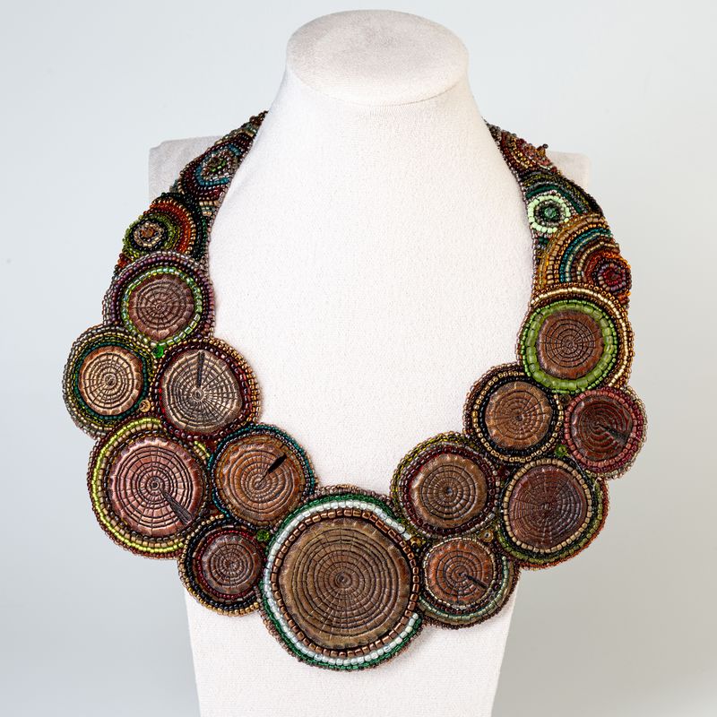 Boho necklace with tooled leather and bead embroidery - Hand carved leather bib neckpiece in earthy color palette - Exclusive jewelry by GemsPlusLeather