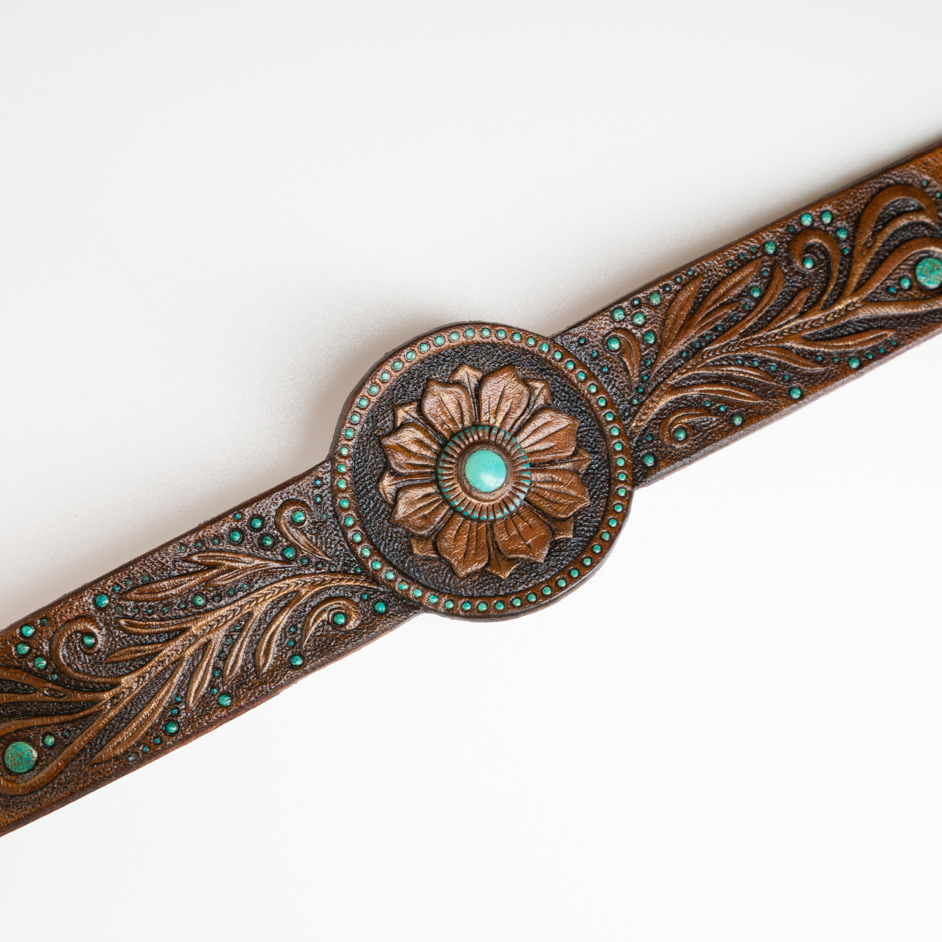 Western Style Tooled Leather Bracelet with Natural Arizona Turquoise cabochon - Boho Chic Gift for her - Exclusive jewelry by GemsPlusLeather