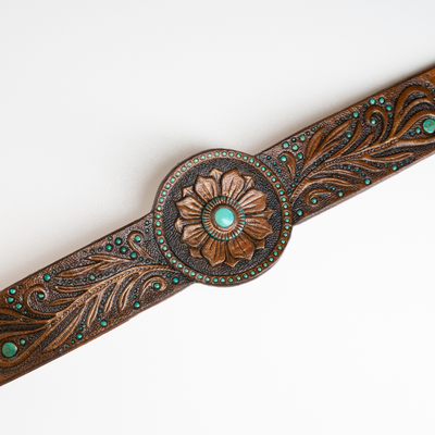 Western style tooled leather bracelet with natural Arizona turquoise