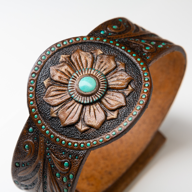 Western style tooled leather bracelet with Arizona turquoise