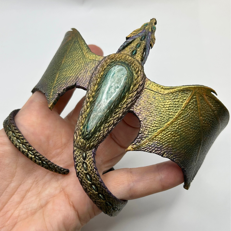 Tooled Leather Dragon Bracelet with Amazonite - Game of Thrones Inspired jewelry by GemsPlusLeather