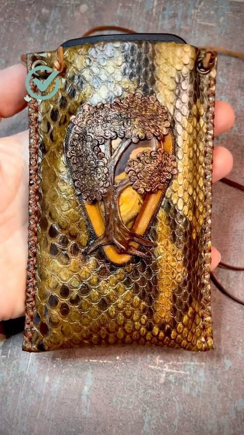 Python skin cellphone pouch with Mookaite jasper cabochon framed in tooled leather - Boho style leather accessory by GemsPlusLeather -