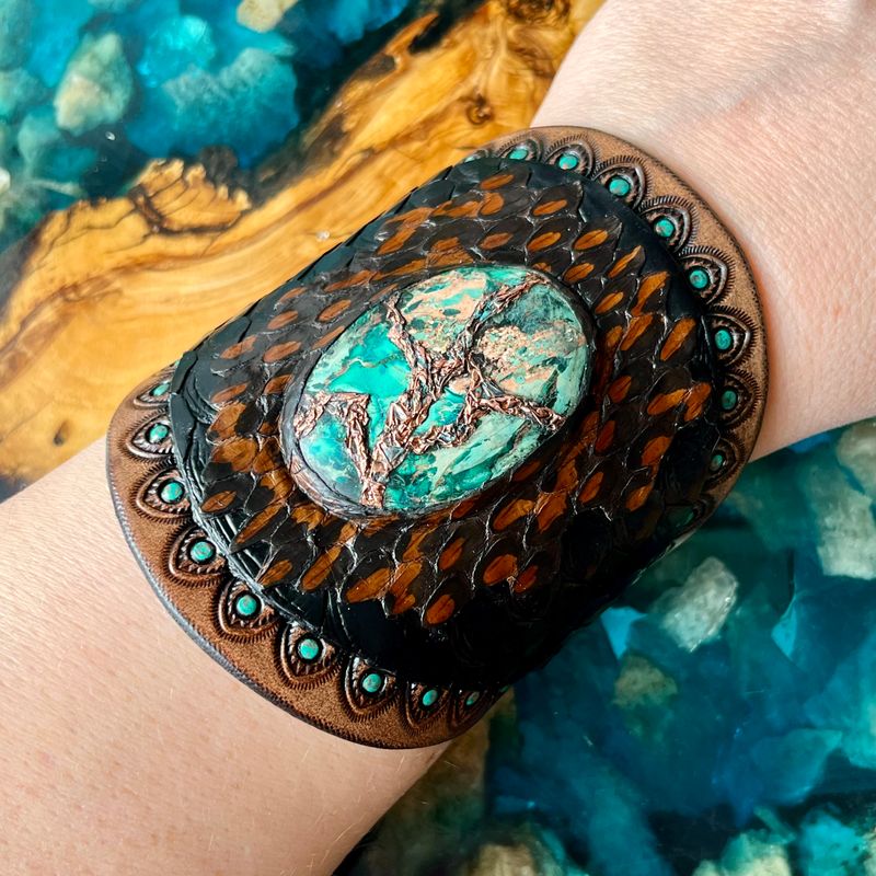 Handmade snakeskin bracelet with sea sediment jasper and natural copper accents - Boho jewelry by GemsPlusLeather