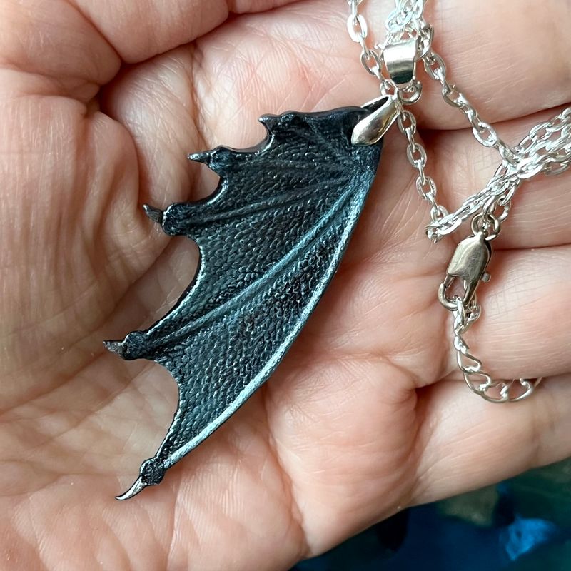 Hand-Tooled and Hand-Painted Leather Dragon Wing Pendant with silver chain - LOTR and GOT Inspired jewelry by GemsPlusLeather