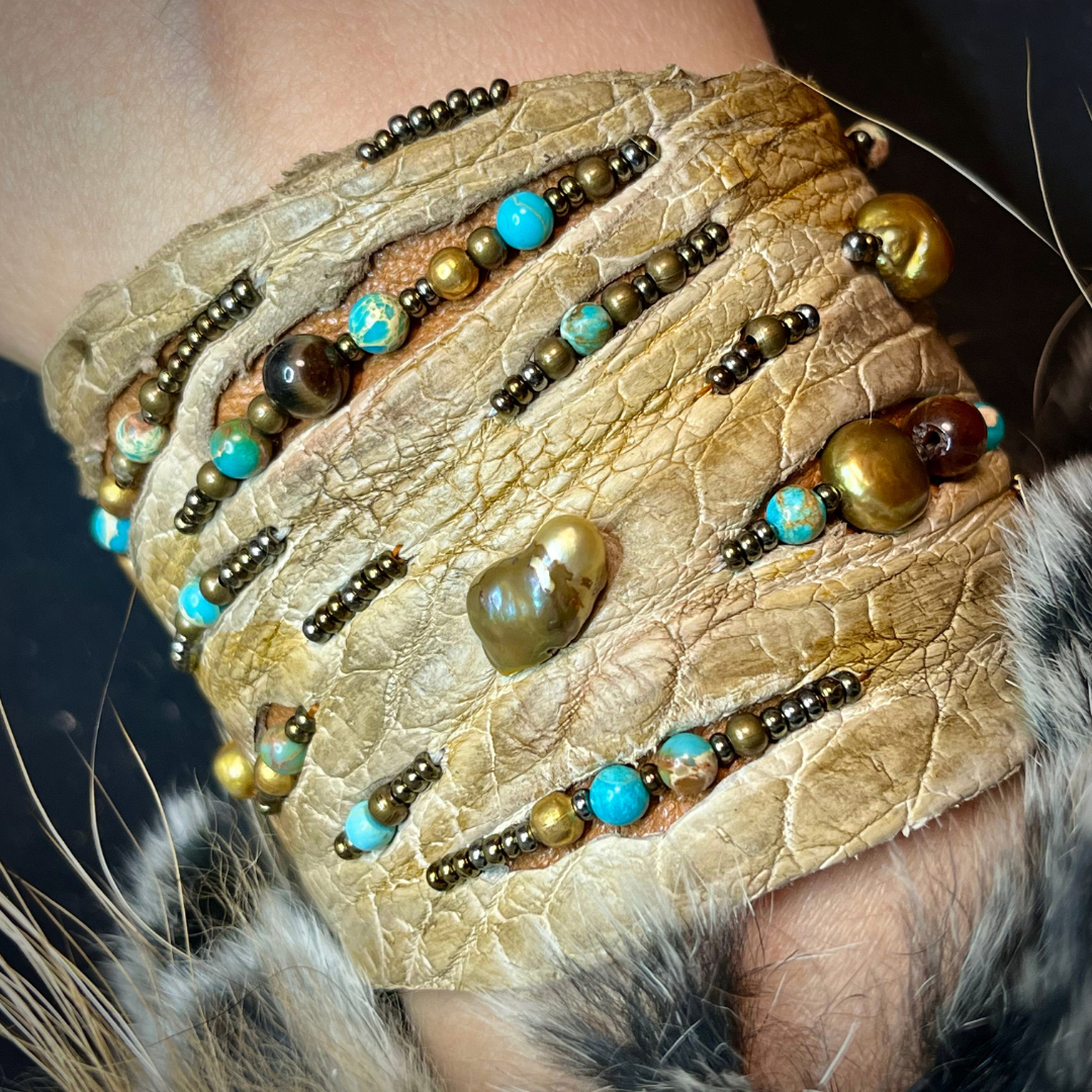 Crocodile leather tribal bracelet adorned with pearls, turquoise, jasper, tiger eye and beads