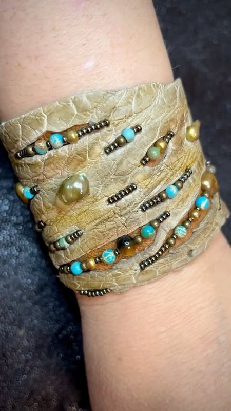 Exclusive Crocodile Leather Tribal Bracelet with Pearls, Turquoise, Jasper, Tiger Eye and Beaded Accents - Stylish Boho Jewelry by GemsPlusLeather