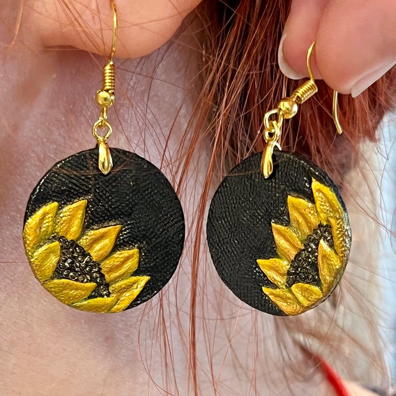 Tooled Leather Earrings with Golden Sunflowers - Nature&#39;s Elegance by GemsPlusLeather - Hand-Tooled and Hand-Painted Leather jewelry