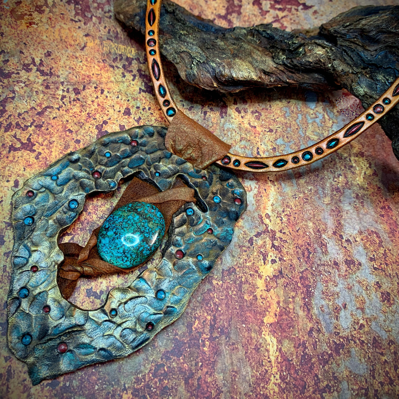 Hand tooled and hand painted leather necklace imitating aged hammered bronze, with oval blue turquoise - Boho jewelry by GemsPlusLeather