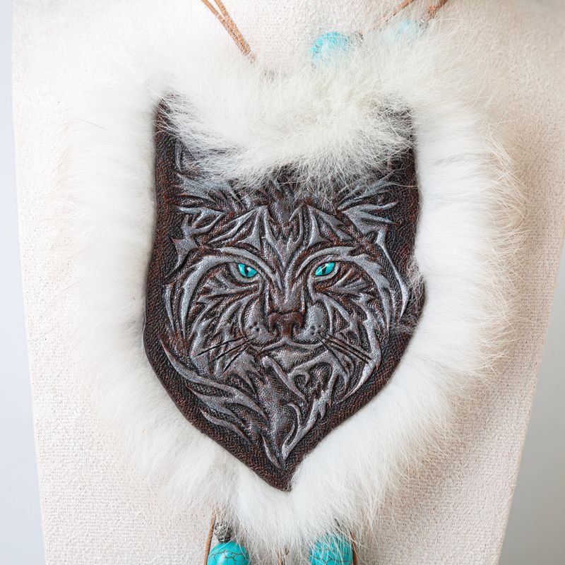Tooled leather necklace with tribal lynx portrait - Combination of hand carved leather, fur and beads - Artisan jewelry by GemsPlusLeather