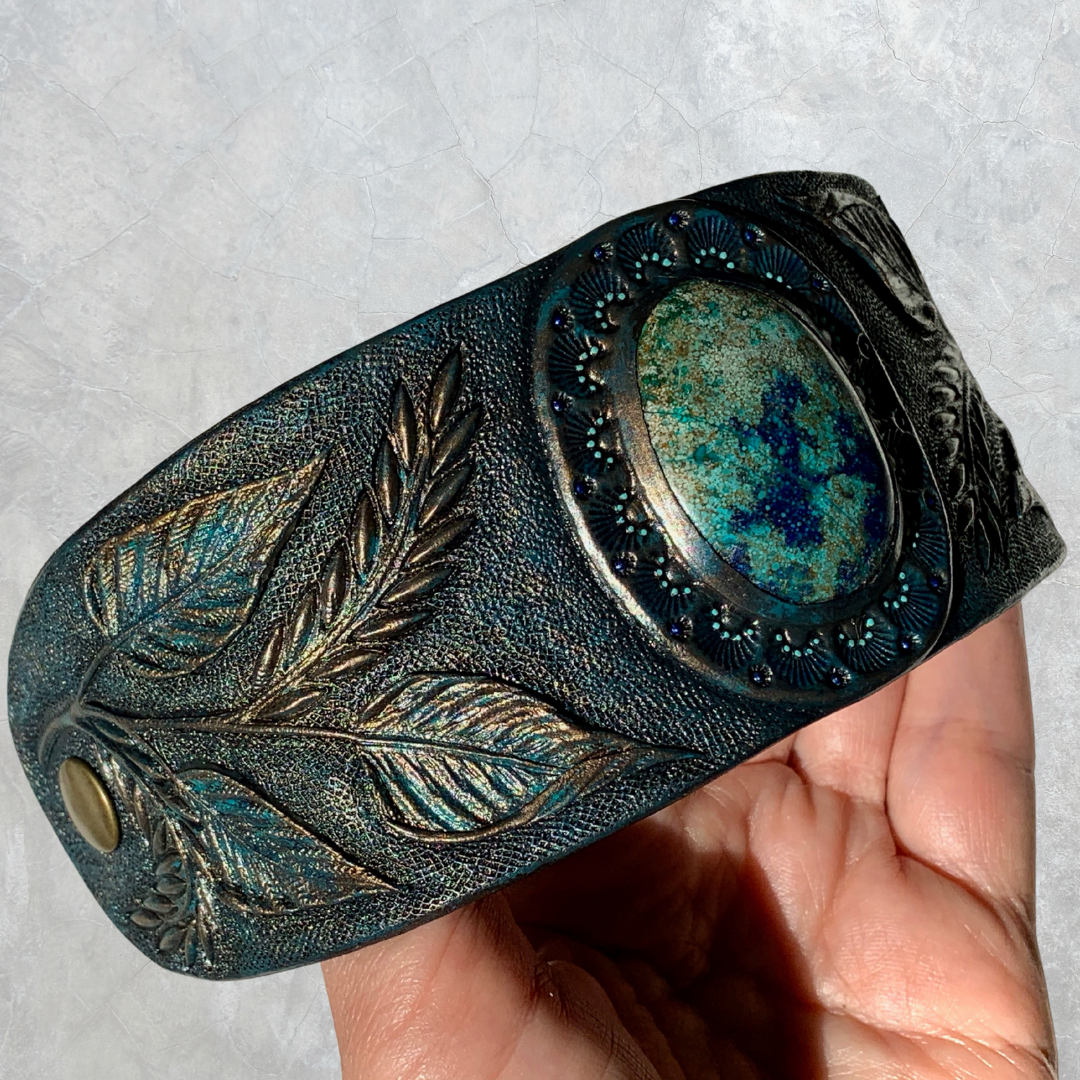 Antique bronze looking hand tooled leather cuff bracelet with azurite - Antique looking jewelry by Gemsplusleather - Leather gift for her
