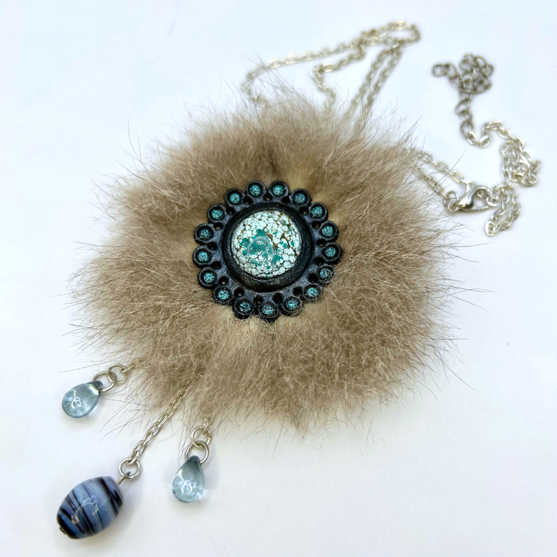 Mixed media necklace with turquoise cabochon - Combination of hand carved leather, fur and turquoise - Artisanal jewelry by GemsPlusLeather