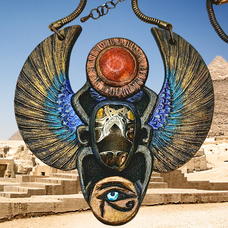 Tooled Leather Egyptian Scarab Necklace with Gemstones