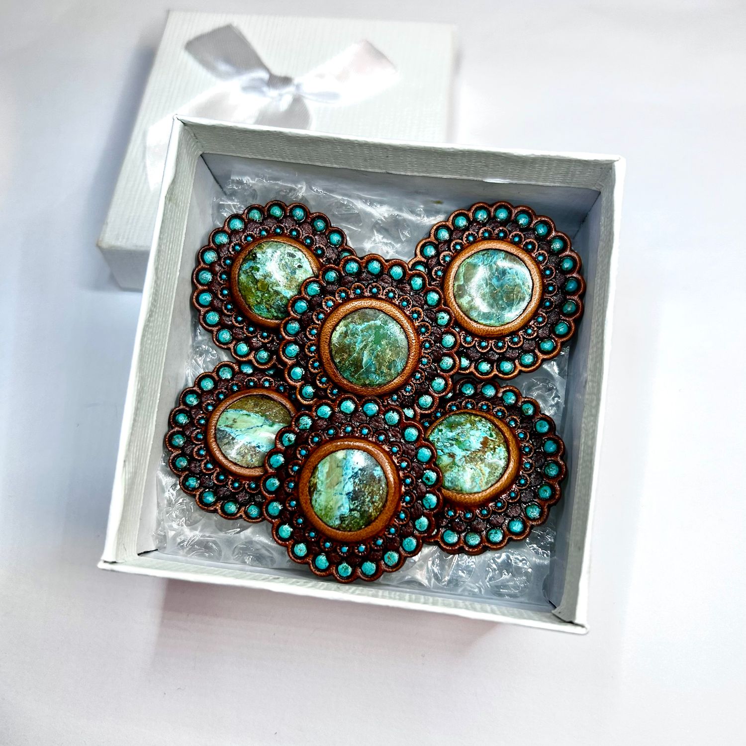 Set of tooled leather horse saddle conchos with shattuckite - Natural gemstone accessory - Horse tack conchos - Exclusive conchos by GemsPlusLeather