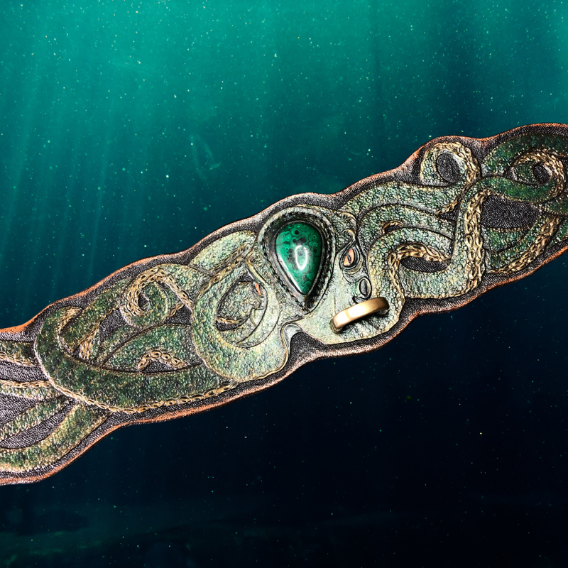 Hand tooled and hand painted leather dog collar with malachite octopus - Stylish pet accessories by Gemsplusleather