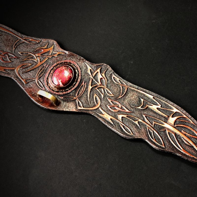 Hand tooled and hand painted leather dog collar with tribal dragons - Stylish pet accessories by Gemsplusleather