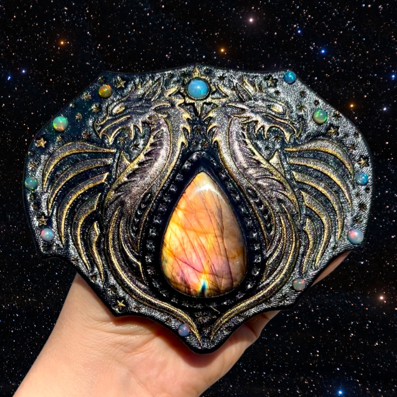 Hand tooled leather Fantasy Belt Buckle with labradorite and Ethiopian Welo opal cabochons - Fantasy handmade accessories by GemsPlusLeather