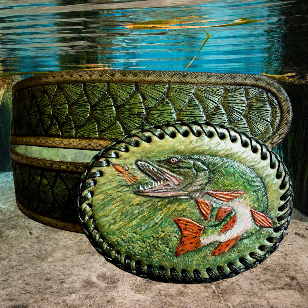 Tooled leather belt with pike belt buckle