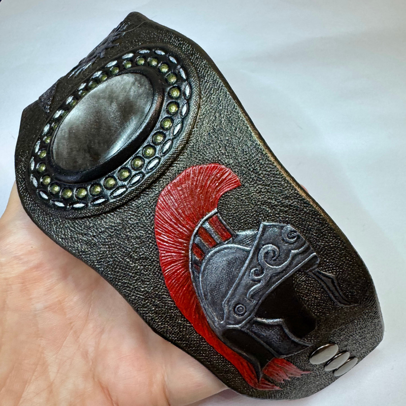 Hand tooled leather men&#39;s cuff bracelet with silver obsidian