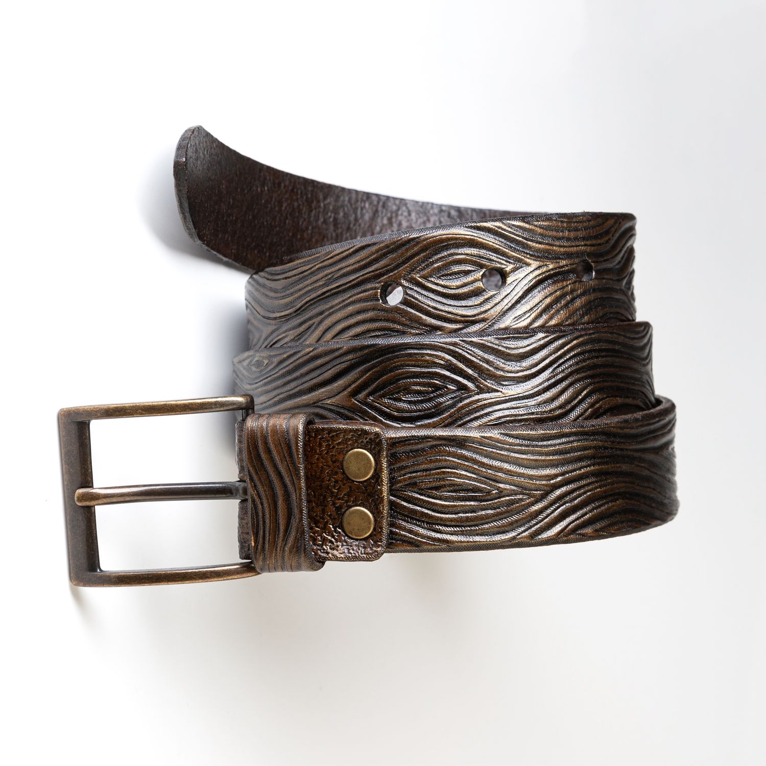 Tooled leather belt - Hand tooled and hand painted leather belt with wooden pattern and metallic bronze sheen - Unisex leather belt by GemsPlusLeather