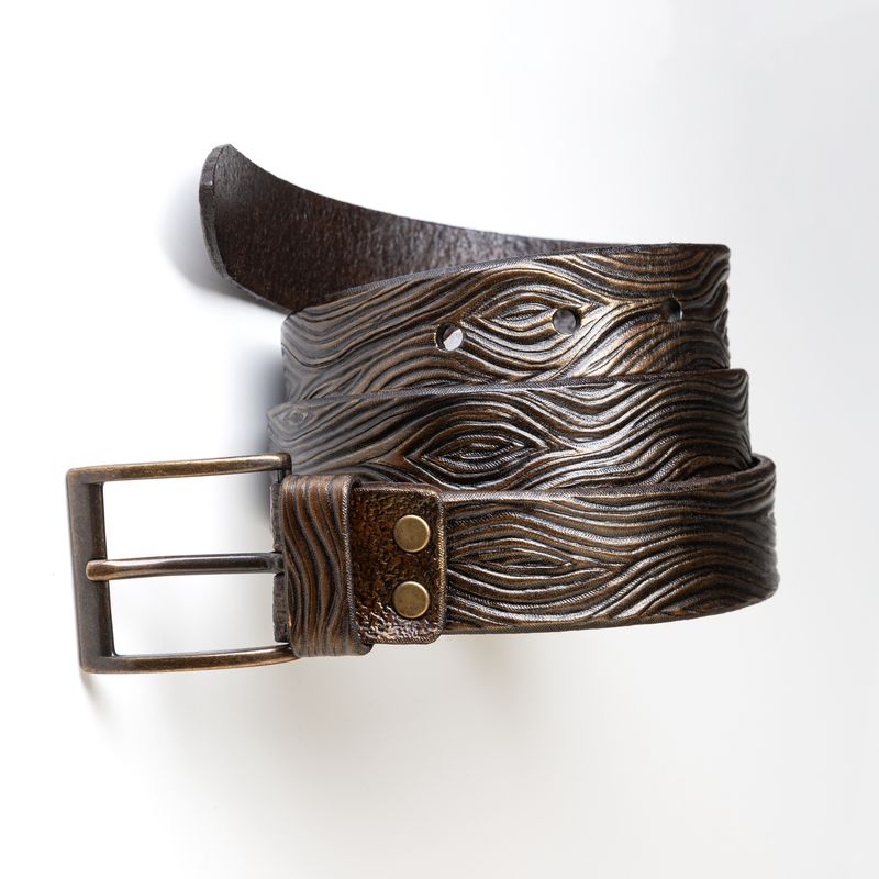 Tooled leather belt - Hand tooled and hand painted leather belt with wooden pattern and metallic bronze sheen - Unisex leather belt by GemsPlusLeather