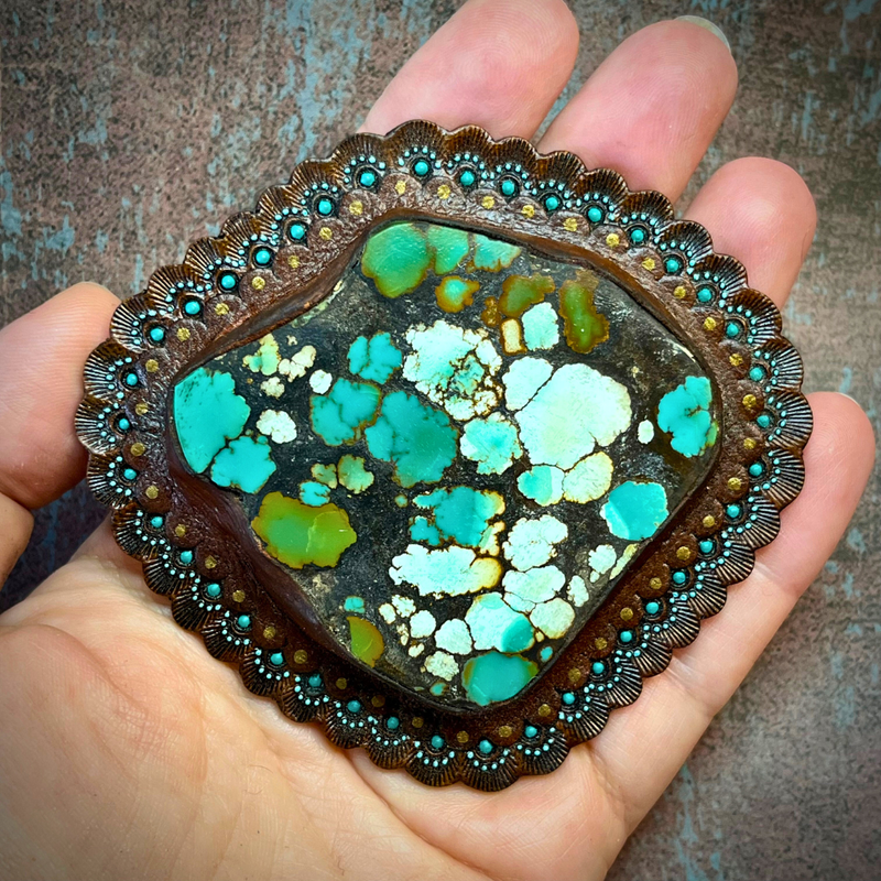 Tooled leather concho with Hubei turquoise slab &amp; Chicago screws - Natural gemstone accessory - Boho bag accessory - Bag maker&#39;s supply