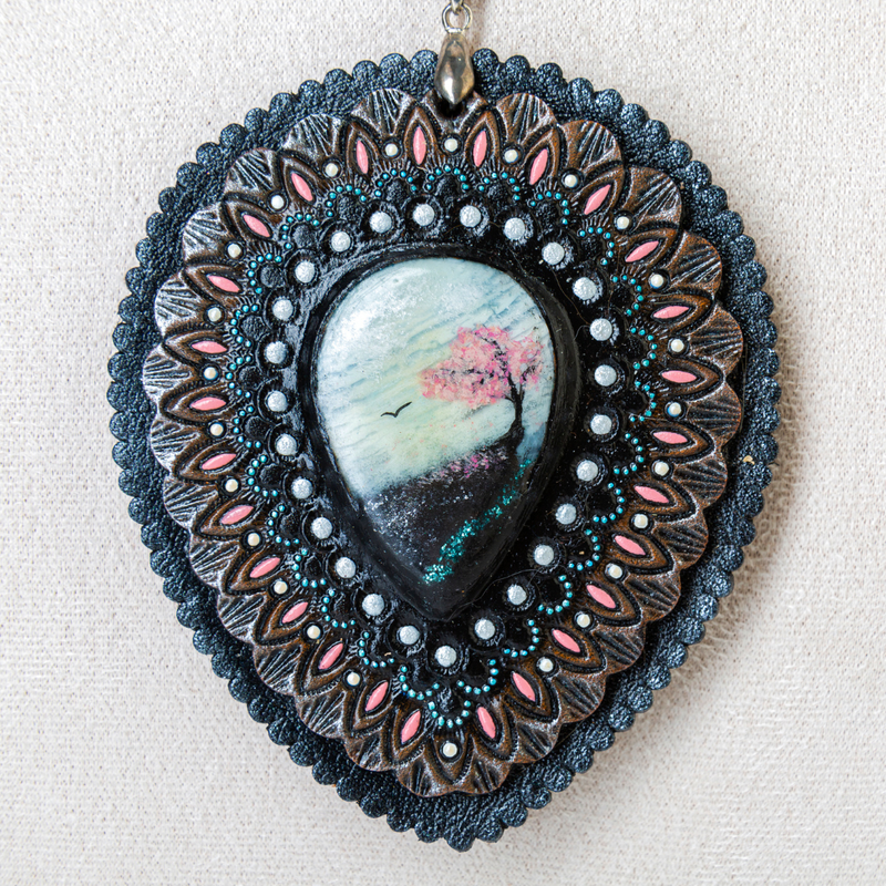 Hand tooled leather pendant / concho / bolo tie transformer with blue opal and hand painted Sakura - Hand painted bolo tie concho by GemsPlusLeather