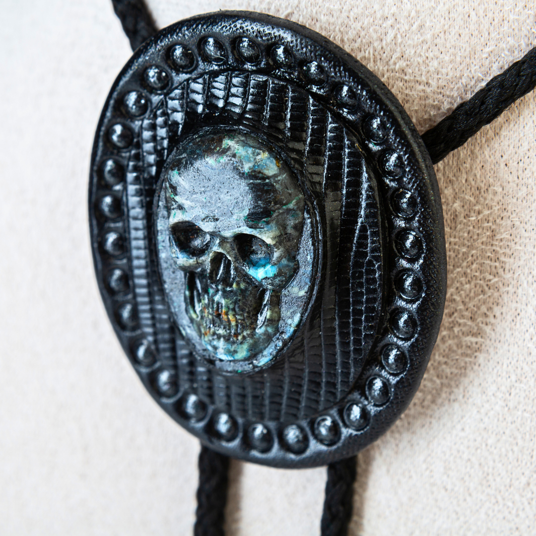 Tooled Leather Bolo Tie / Concho with Turquoise Skull in Black Snakeskin