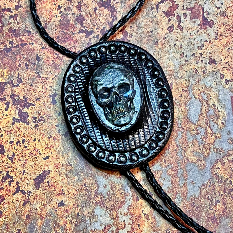 Tooled leather bolo tie with carved turquoise skull framed in black snakeskin - Bag accessory / bolo tie transformer by GemsPlusLeather - Gothic concho