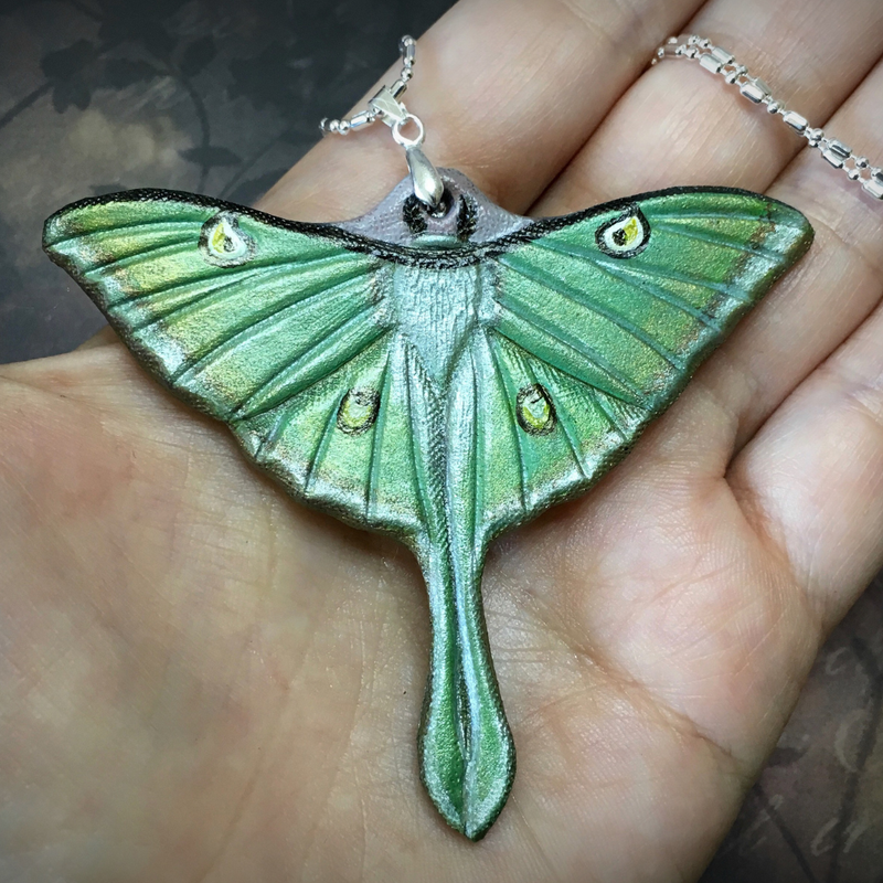 Fantasy tooled leather Luna moth pendant - Iridescent moth pendant - Handmade artisan jewelry - Original gift for her