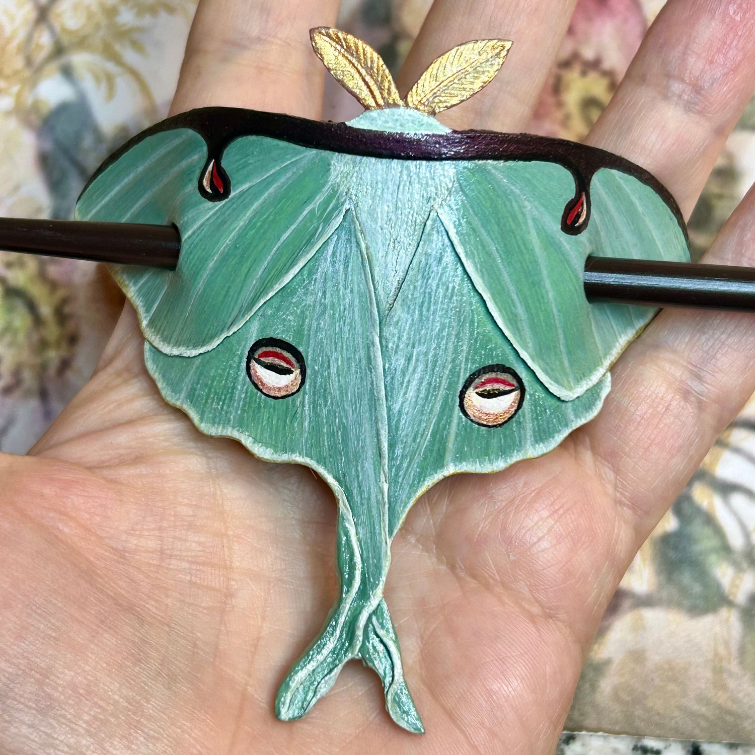 Tooled leather Luna moth hair barrette / shawl pin brooch - Artisan hair barrette - Original gift for her - Life like moon moth