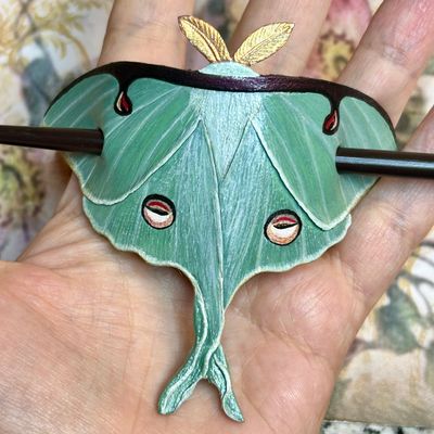 Tooled leather Luna moth hair barrette / shawl pin brooch - Artisan hair barrette - Original gift for her - Life like moon moth