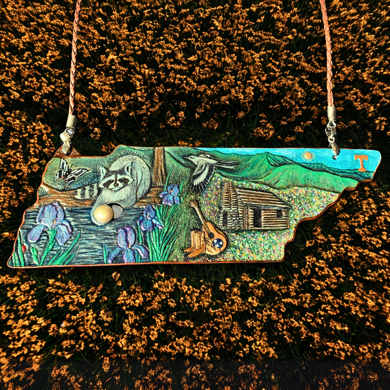 Tooled leather patriotic bib necklace with symbols of Tennessee