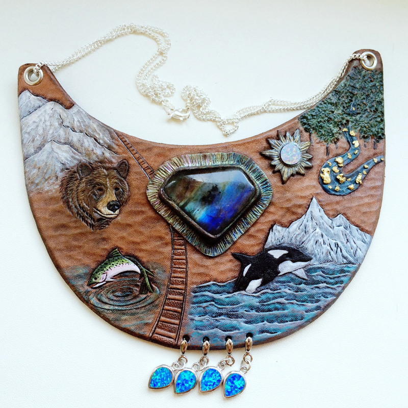 Hand tooled leather bib necklace &quot;Alaska my love&quot; with labradorite, opal and flakes of gold - Custom made jewelry - Exclusive necklace with symbols of Alaska by GemsPlusLeather