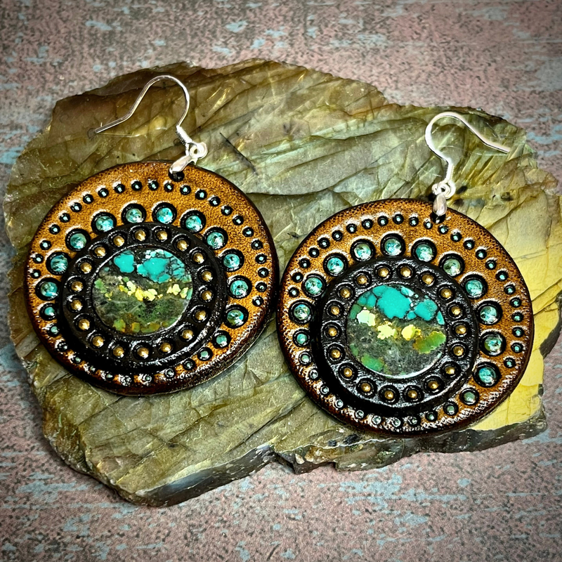 Hand tooled leather Boho style earrings with natural turquoise and sterling silver hooks