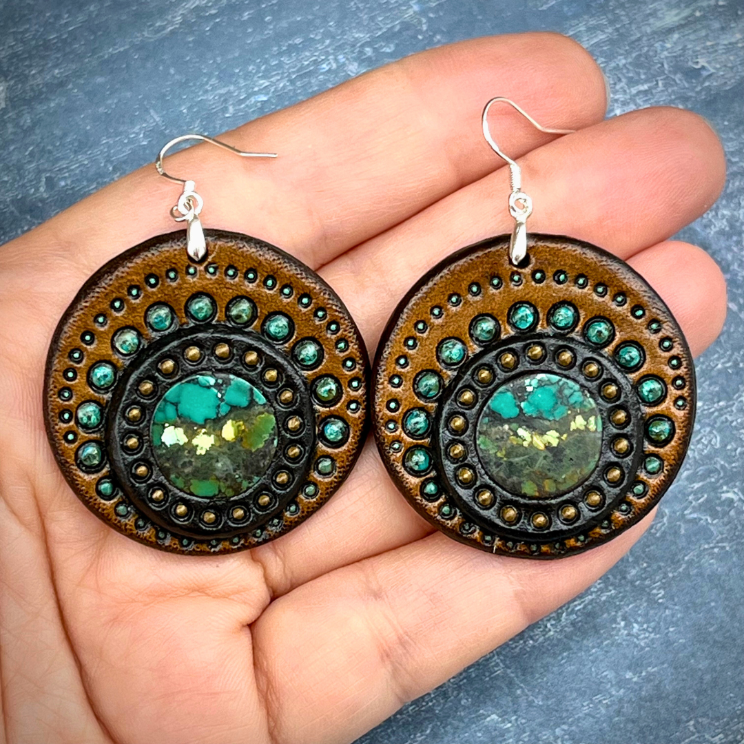 Hand tooled leather Boho style earrings with natural turquoise and sterling silver hooks - Boho chic by GemsPlusLeather - Gift for her