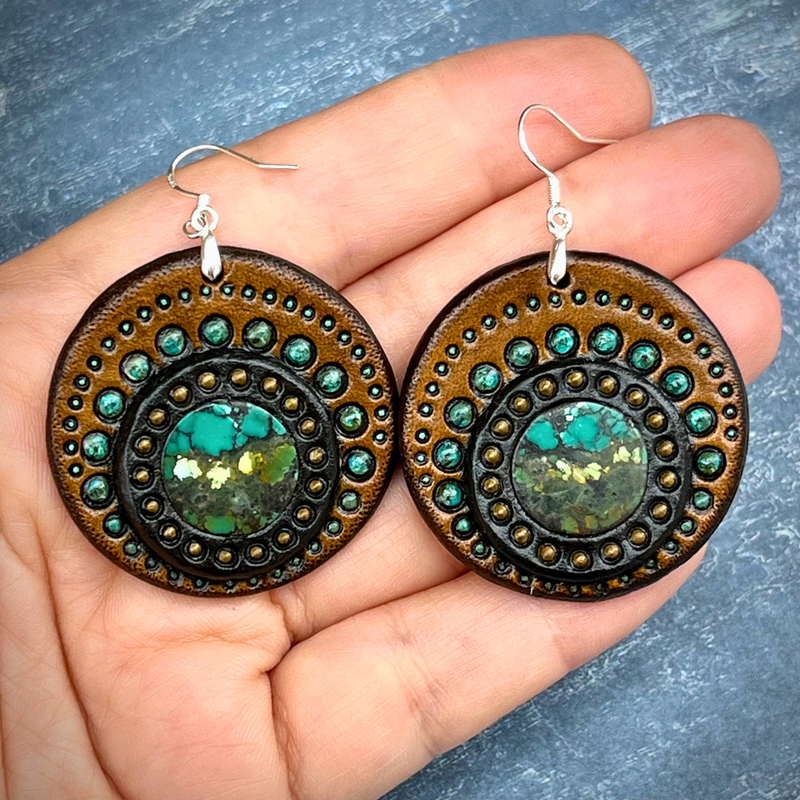 Hand tooled leather Boho style earrings with natural turquoise and sterling silver hooks - Boho chic by GemsPlusLeather - Gift for her