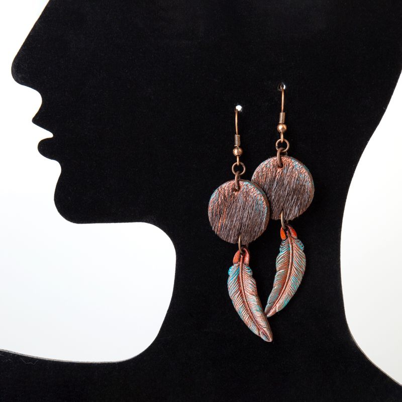 Hand tooled and hand painted leather cowgirl earrings with hair-on cow hide and copper furniture - Boho chic by GemsPlusLeather