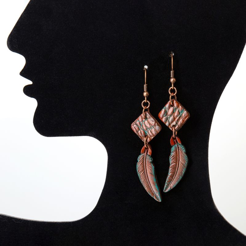 Boho style earrings with crocodile leather, turquoise patina and copper furniture - Boho chic by GemsPlusLeather