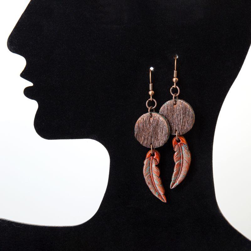 Hand tooled and hand painted leather cowgirl earrings with hair-on cow hide and copper furniture - Boho chic by GemsPlusLeather