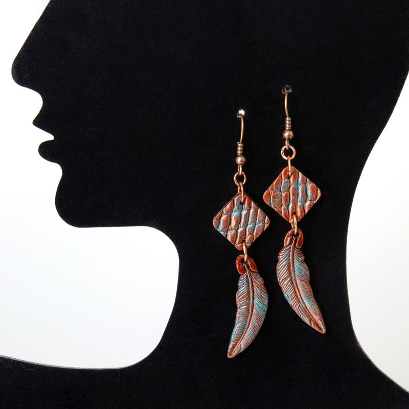 Boho style earrings with crocodile leather, turquoise patina and copper furniture - Boho chic by GemsPlusLeather